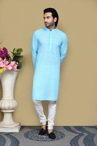 Sky blue embroidered cotton kurta pajama