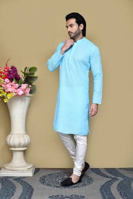 Sky blue embroidered cotton kurta pajama 2