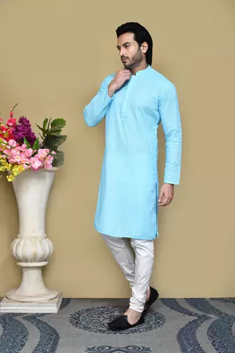 Sky blue embroidered cotton kurta pajama