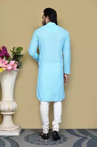 Sky blue embroidered cotton kurta pajama