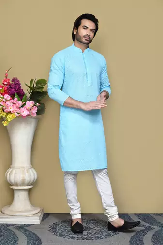 Sky blue embroidered cotton kurta pajama