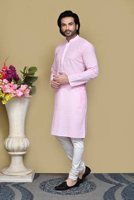 Pink embroidered cotton kurta pajama 2