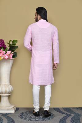 Pink embroidered cotton kurta pajama 3