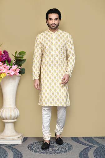 Yellow printed cotton kurta pajama