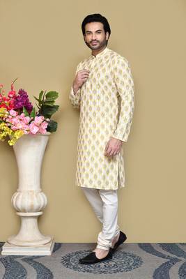 Yellow printed cotton kurta pajama 2