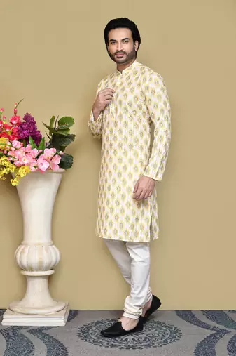 Yellow printed cotton kurta pajama