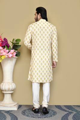 Yellow printed cotton kurta pajama 3