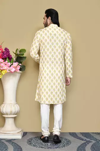 Yellow printed cotton kurta pajama