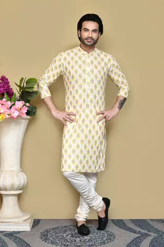 Yellow printed cotton kurta pajama