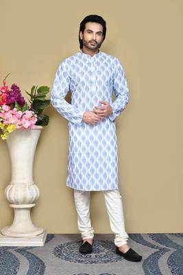 Sky blue printed cotton kurta pajama 1