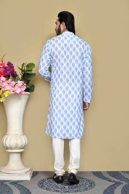Sky blue printed cotton kurta pajama 3