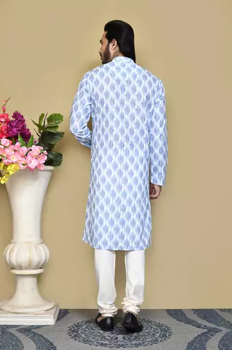 Sky blue printed cotton kurta pajama
