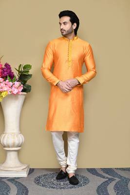 Orange woven cotton silk kurta pajama 1