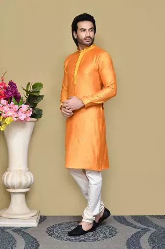 Orange woven cotton silk kurta pajama