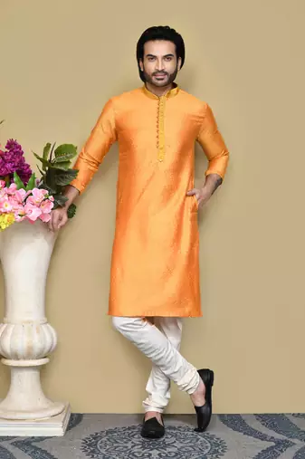 Orange woven cotton silk kurta pajama