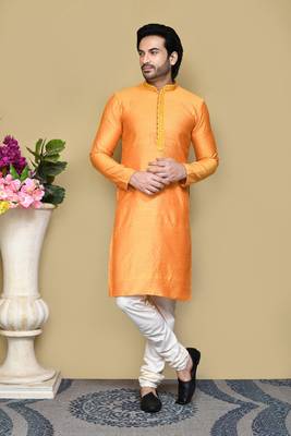 Orange woven cotton silk kurta pajama 1
