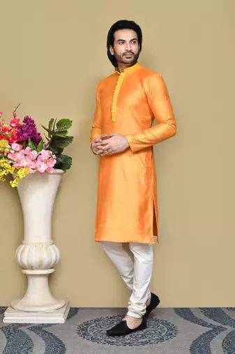Orange woven cotton silk kurta pajama