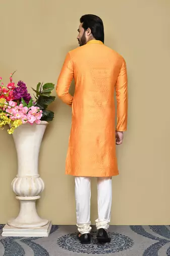 Orange woven cotton silk kurta pajama