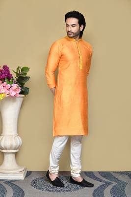 Orange woven cotton silk kurta pajama 4