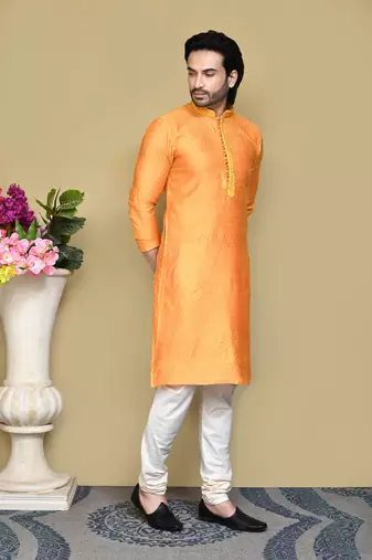 Orange woven cotton silk kurta pajama