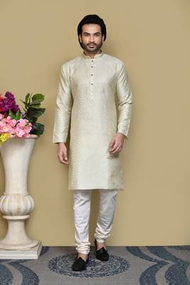 Grey woven art silk kurta pajama 1