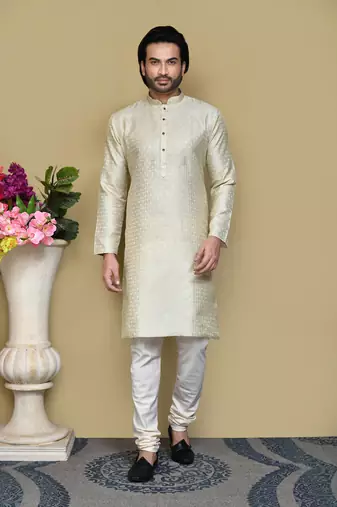 Grey woven art silk kurta pajama