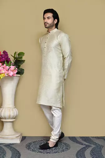 Grey woven art silk kurta pajama