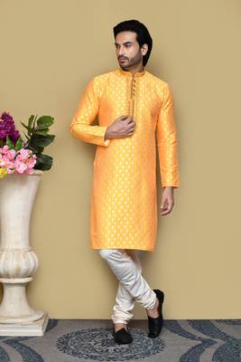 Yellow woven art silk kurta pajama 1
