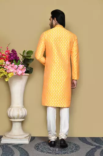 Yellow woven art silk kurta pajama