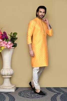 Yellow woven art silk kurta pajama 4