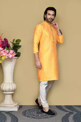 Yellow woven art silk kurta pajama