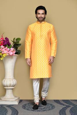 Yellow embroidered art silk kurta pajama 1