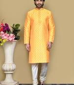 Yellow embroidered art silk kurta pajama