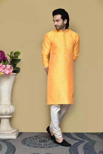 Yellow embroidered art silk kurta pajama