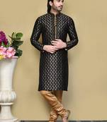 Black woven art silk kurta pajama
