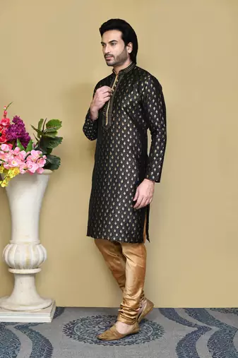 Black woven art silk kurta pajama