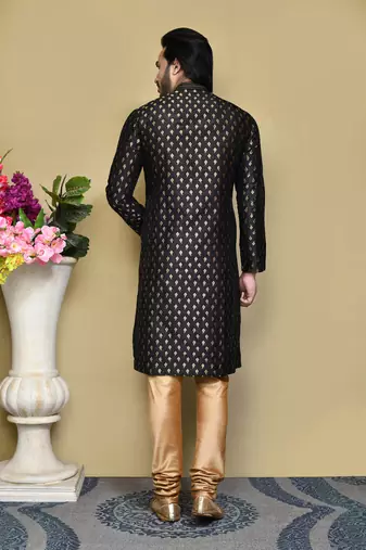 Black woven art silk kurta pajama