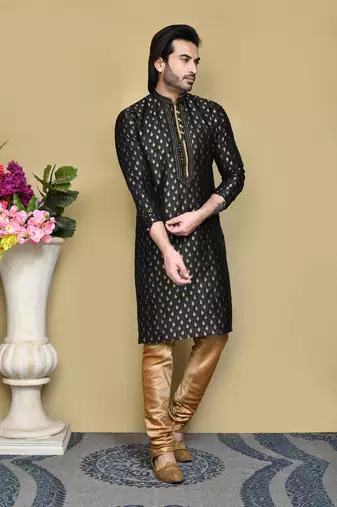 Black woven art silk kurta pajama