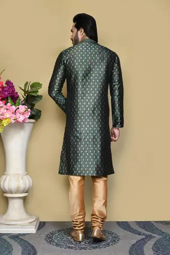 Green woven art silk kurta pajama