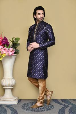 Royal blue woven art silk kurta pajama 2