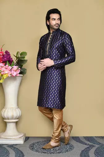 Royal blue woven art silk kurta pajama