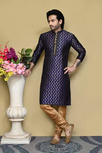 Royal blue woven art silk kurta pajama