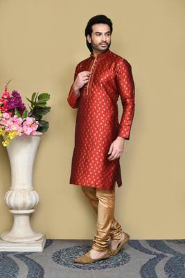 Red woven art silk kurta pajama 2