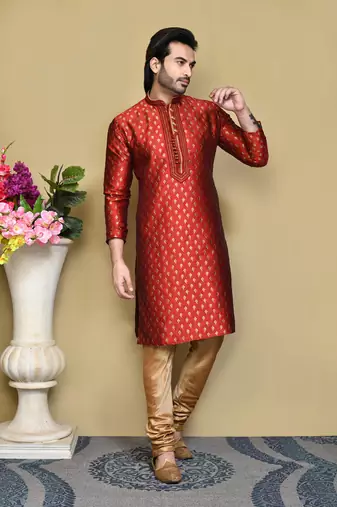Red woven art silk kurta pajama