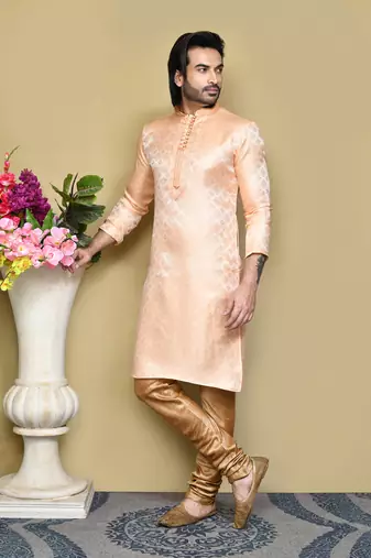 Rust woven art silk kurta pajama