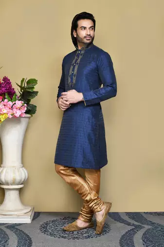 Navy blue woven art silk kurta pajama