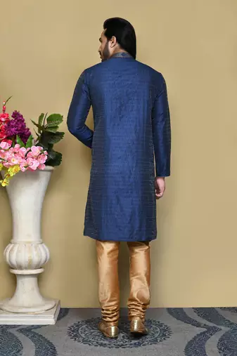 Navy blue woven art silk kurta pajama