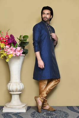Navy blue woven art silk kurta pajama 4