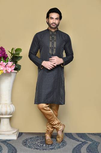 Black woven art silk kurta pajama