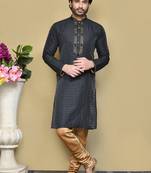 Black woven art silk kurta pajama